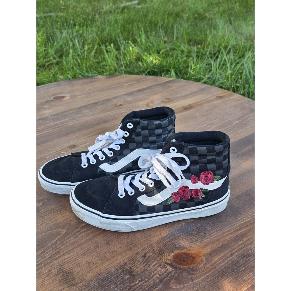 Size 7.5 -Vans Woman's SK8-Hi Black Checkerboard With Roses
